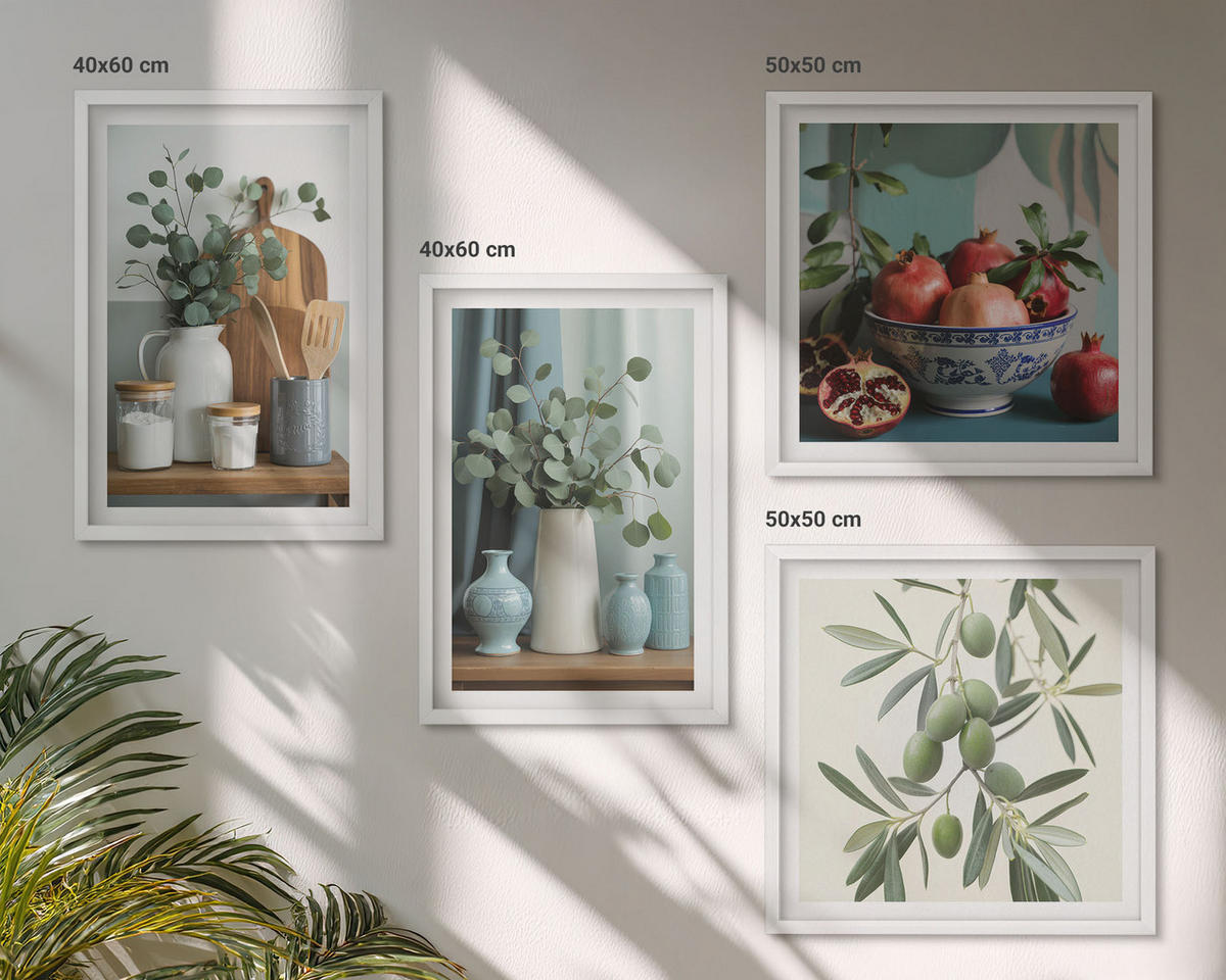 BILDER SET 4er Set - 50x50 cm & 40x60 cm Weißer Rahmen - Grüne Oliven, Eukalyptus - Weiß, Kunststoff (50/50cm) - TULUP