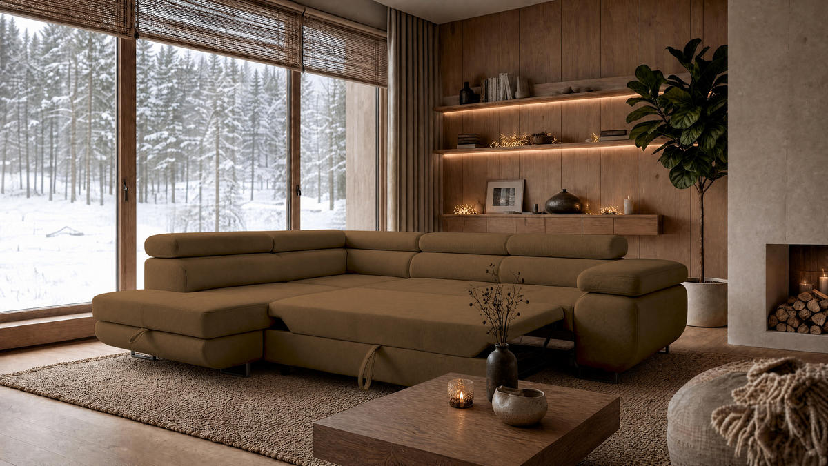 ECKSOFA Velmo mit Bettkasten und Schlaffunktion, verstellbaren Kopfstützen, in L-Form - Braun, Textil (275/203cm)