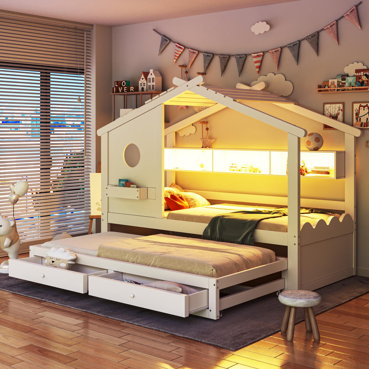 KINDERBETT 90x200 cm Rollbett LED weiß - Weiß, Holz (90/200cm) - LEBENLANG