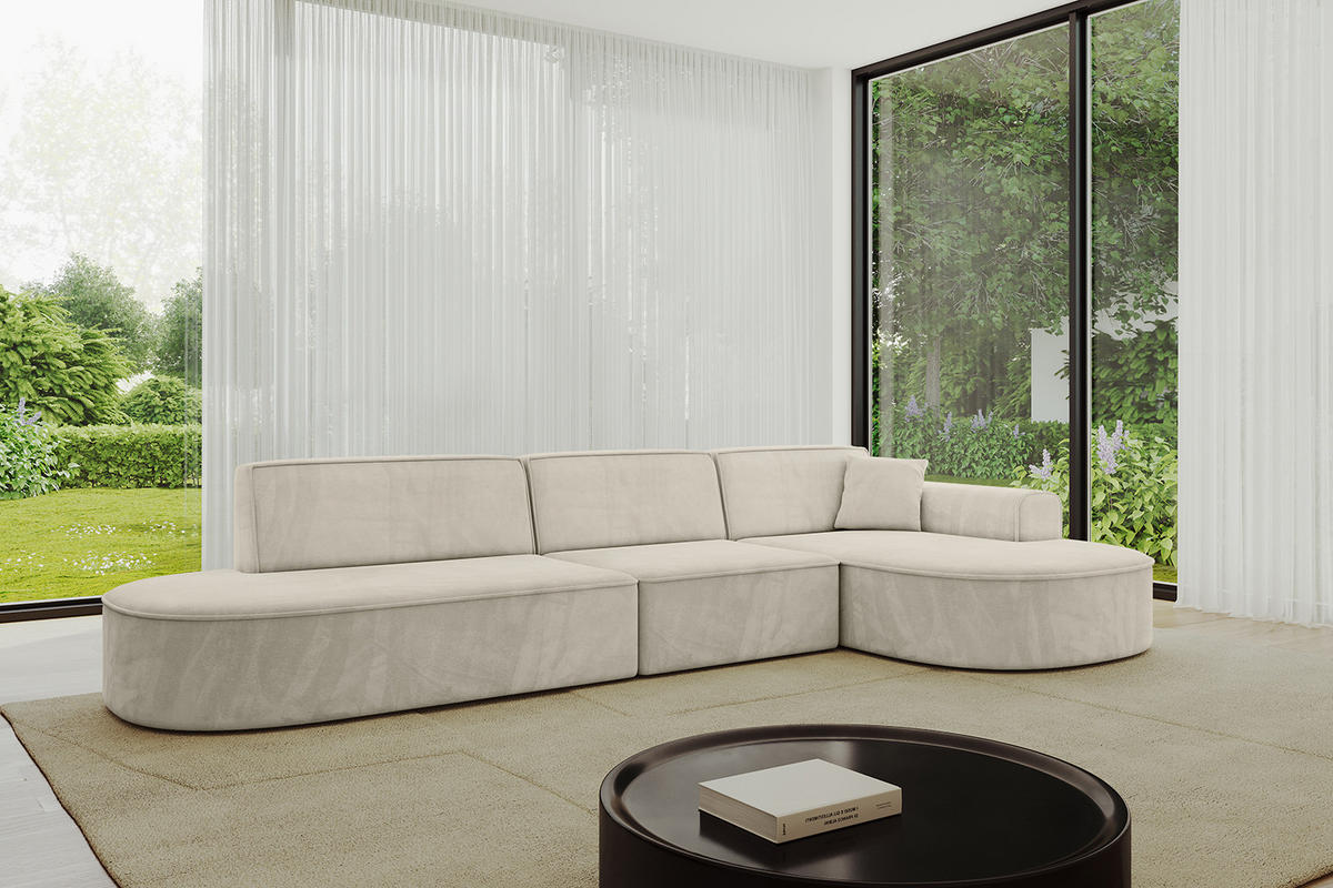 ECKSOFA Ottomane Rechts MARI-L2 - 328x171x79 cm Ecru Velours - Ecru/Schwarz, Holzwerkstoff/Kunststoff (171/328cm) - ALTDECOR