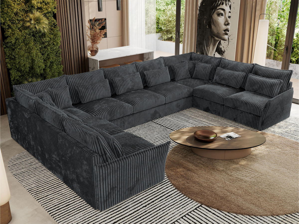 WOHNLANDSCHAFT VERSO U 9M Dunkelgrau Cord - Dunkelgrau/Schwarz, Kunststoff/Textil (442/93/270cm) - MKS