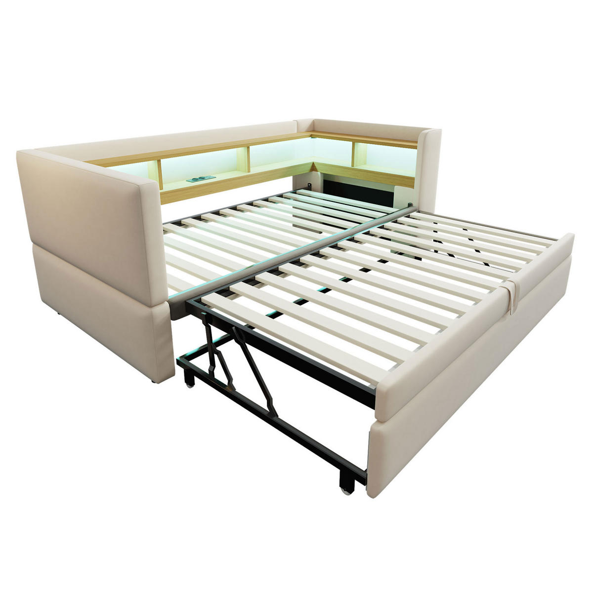 POLSTERBETT 90/180 cm Beige aus Flanell mit LED und Steckdosen - Beige, Textil (90/190cm) - OKMYHOME