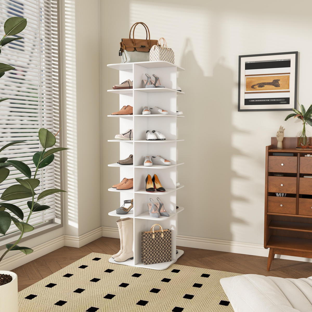 SCHUHABLAGE Rotierender Schuhturm Lazy Susan Schuhschrank 7-stöckig PVC 60/60/184 cm drehbar - Weiß, Holzwerkstoff/Kunststoff (184/60/60cm) - EVRYAE