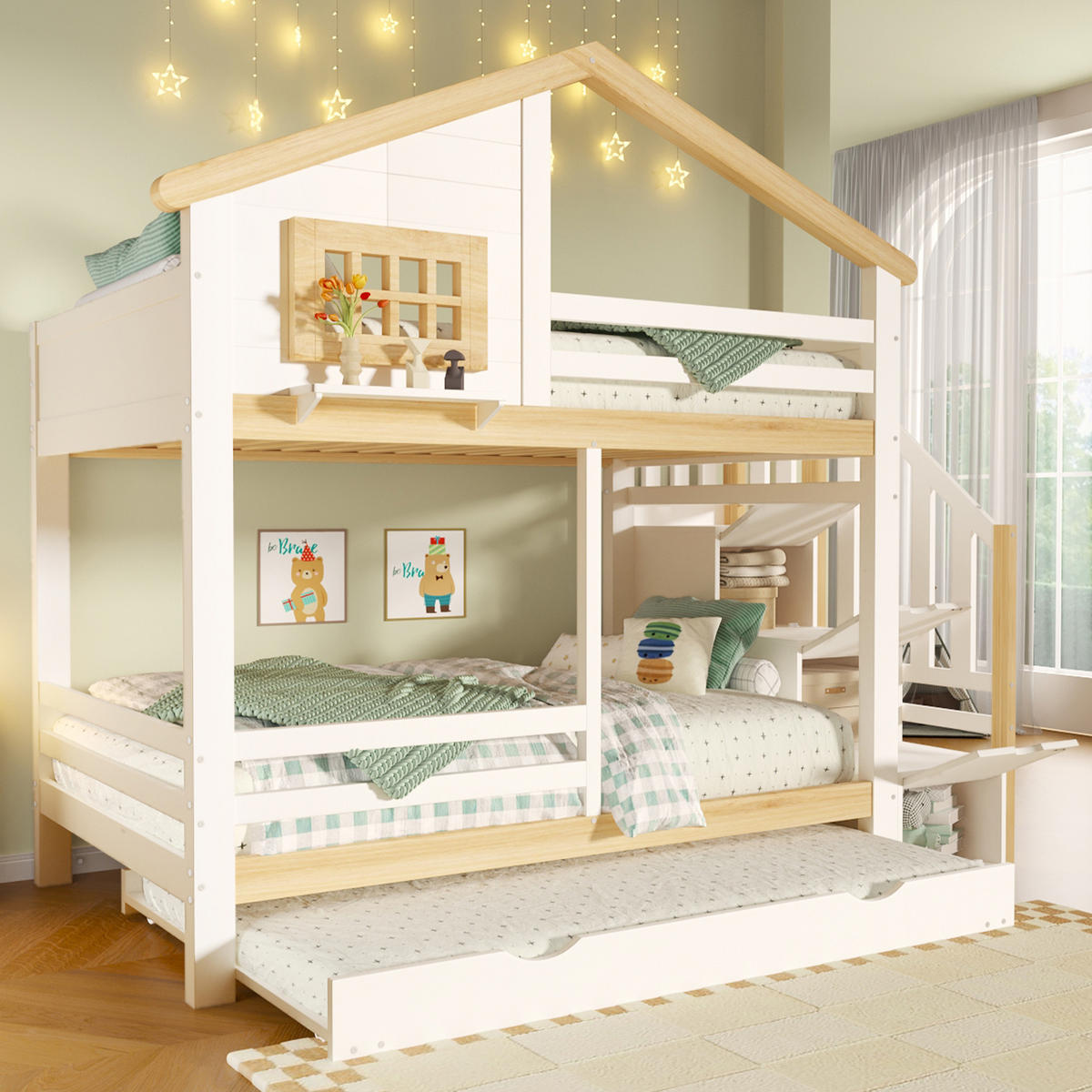 ETAGENBETT 90/200 mit Ausziehbett und Stauraumleiter in Weiß und Natur - Weiß/Naturfarben, Holz/Holzwerkstoff (90/200cm) - EVRYAE
