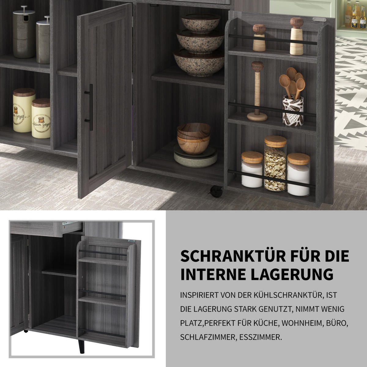 KÜCHENINSEL 129/71/91,5 cm Grau mit 2 Schubladen, Klappbarer Arbeitsplatte, 5 Universalrädern und Massivholzfüßen - Grau, Holz/Holzwerkstoff (129/91.5/46cm) - Oxeza