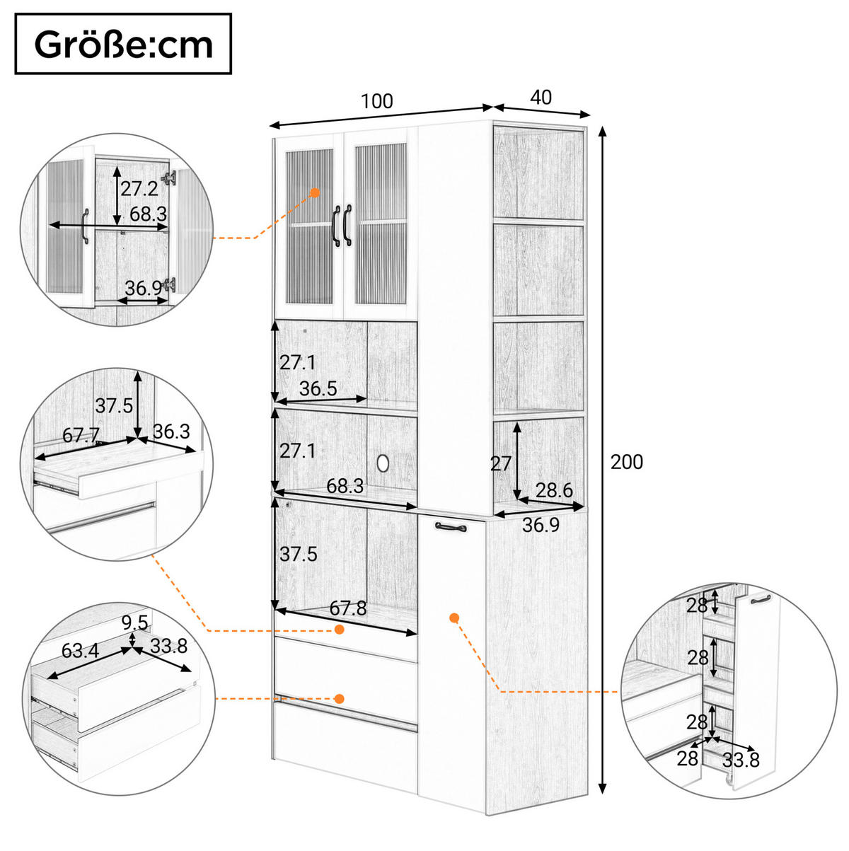 HIGHBOARD 100/200/40 cm Weiß/Natur aus MDF mit Riffelglas - Weiß, Holzwerkstoff (40/200/100cm) - OKMYHOME