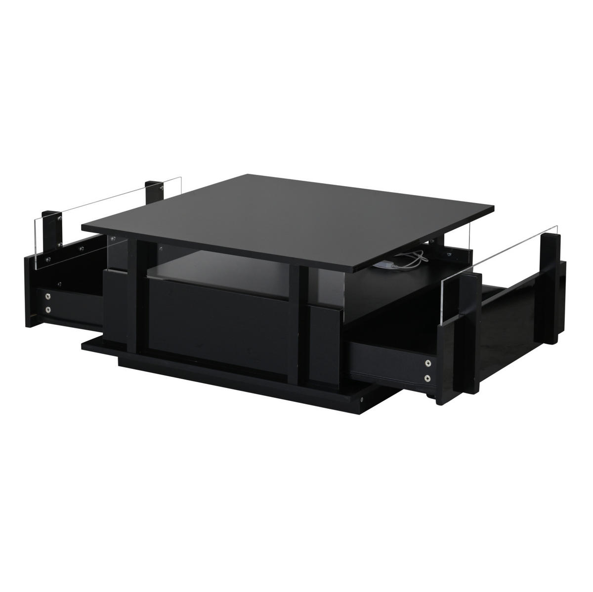 COUCHTISCH aus Spanplatte 70x70x35 cm Schwarz mit 2 Schubladen, LED-Beleuchtung und Acryl-Trennwänden - Schwarz, Holzwerkstoff (70/70/35cm) - IVMEU