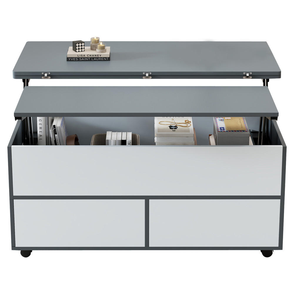 COUCHTISCH 100x98cm Höhenverstellbar Rollen Schubladen Esstisch Grau-Weiß - Grau, Holz (111.76/59.06/14.99cm) - FLIEKS