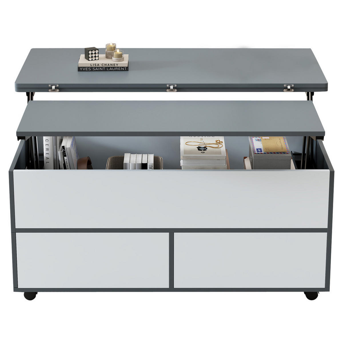 COUCHTISCH 100x98cm Höhenverstellbar Rollen Schubladen Esstisch Grau-Weiß - Grau, Holz (111.76/59.06/14.99cm) - FLIEKS