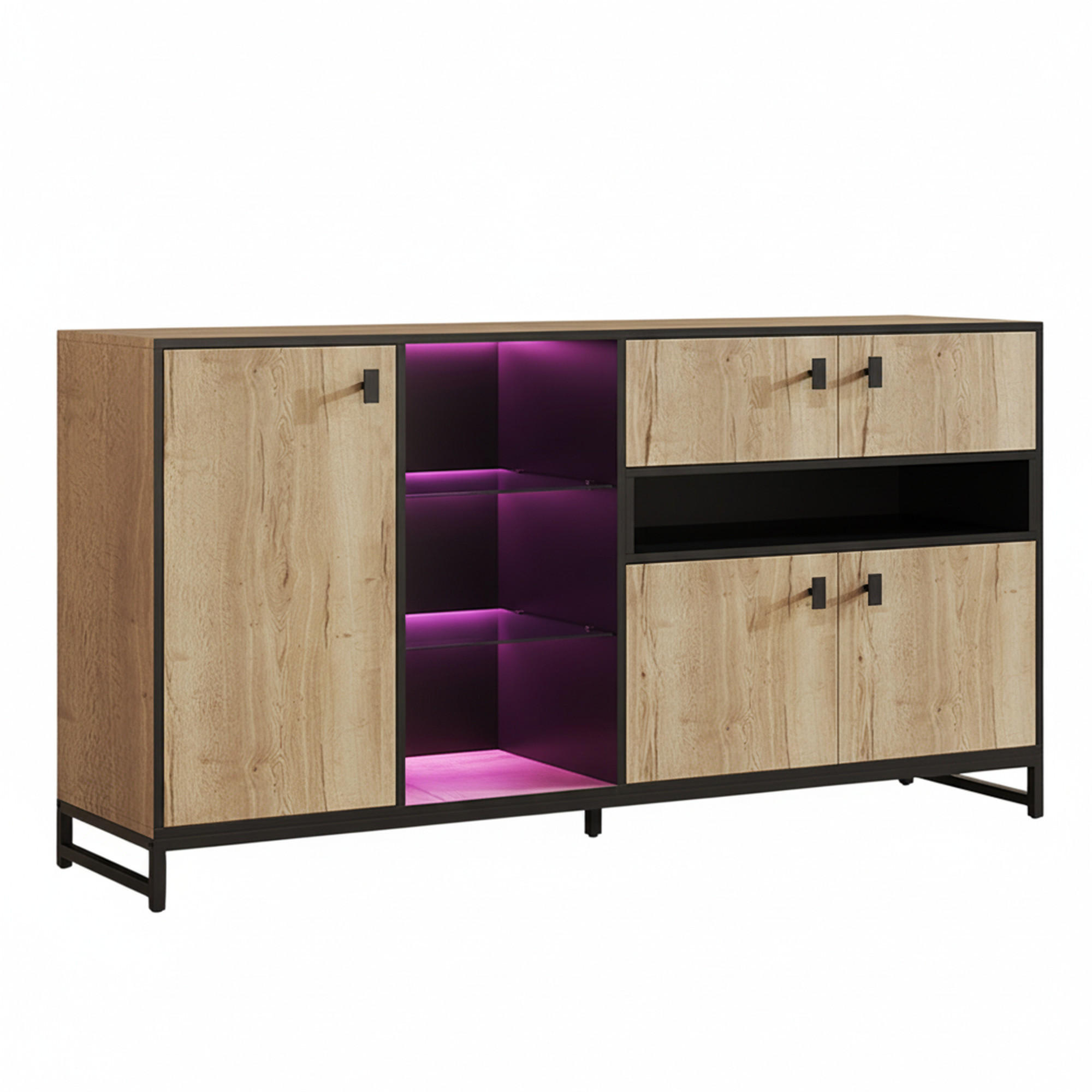 SIDEBOARD 160 cm Naturholz & Schwarz mit Doppeltüren, Glasregal & Metallrahmen im modernen Stil - Naturfarben, Holzwerkstoff (160/84.5/40cm) - Urban Meuble