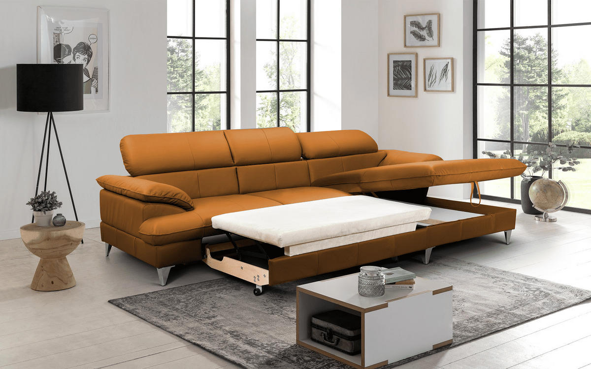 ECKSOFA mit Schlaffunktion und Bettkasten, Echtleder - Chromfarben/Orange, Leder/Holz (167/254cm) - Cotta