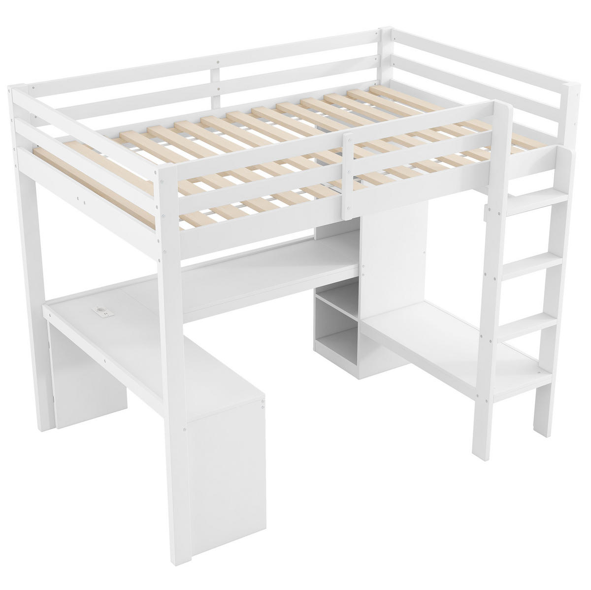 HOCHBETT 140/200 cm, Weiß mit Schreibtisch, LED, USB und Stauraum - Weiß, Holz (140/200cm) - MIVRAY