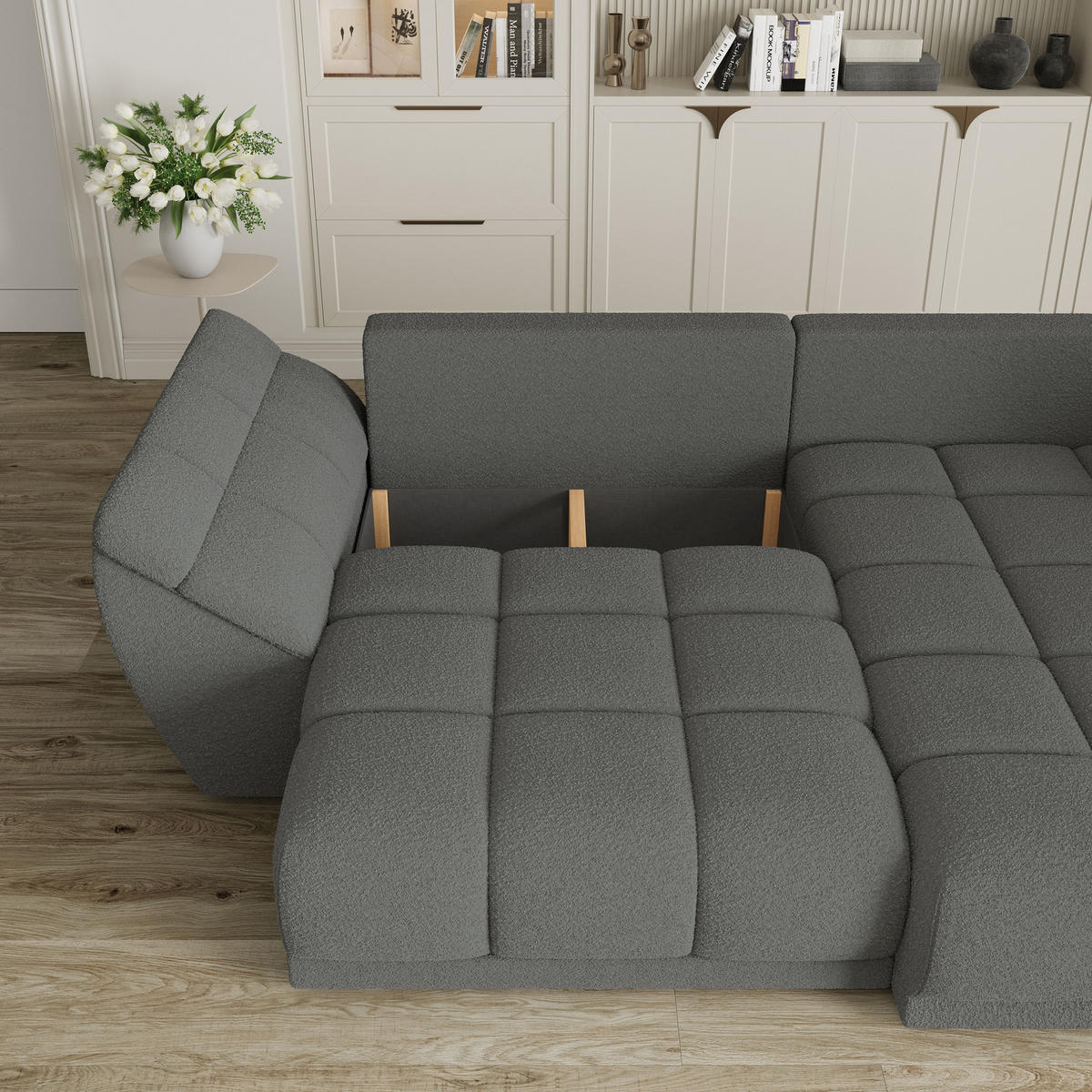 ECKSOFA ORENTI R-S Grau Boucle-Stoff mit Schlaffunktion - Grau, Holz (287/182cm) - MASSENO
