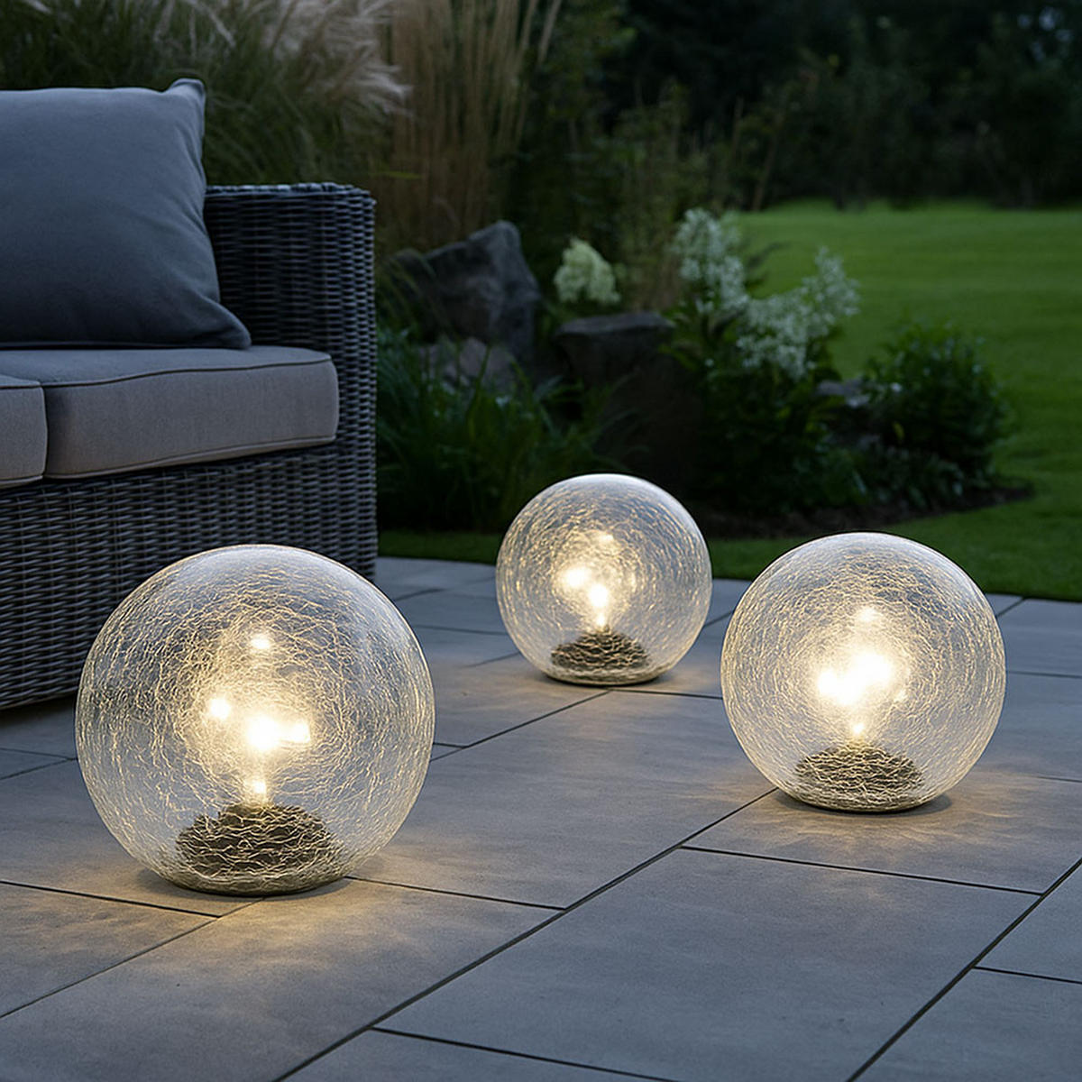 LED AUSSENLEUCHTE Solarkugel Klar Glas 3er Set - Klar, Glas (15/15/15cm)