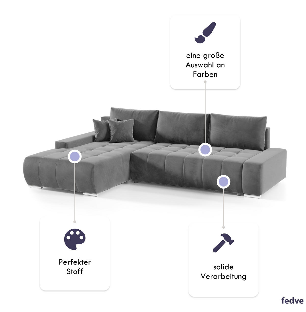 ECKSOFA mit Schlaffunktion Dhaka L, Grau - Grau, Textil (185/265cm) - Fedve