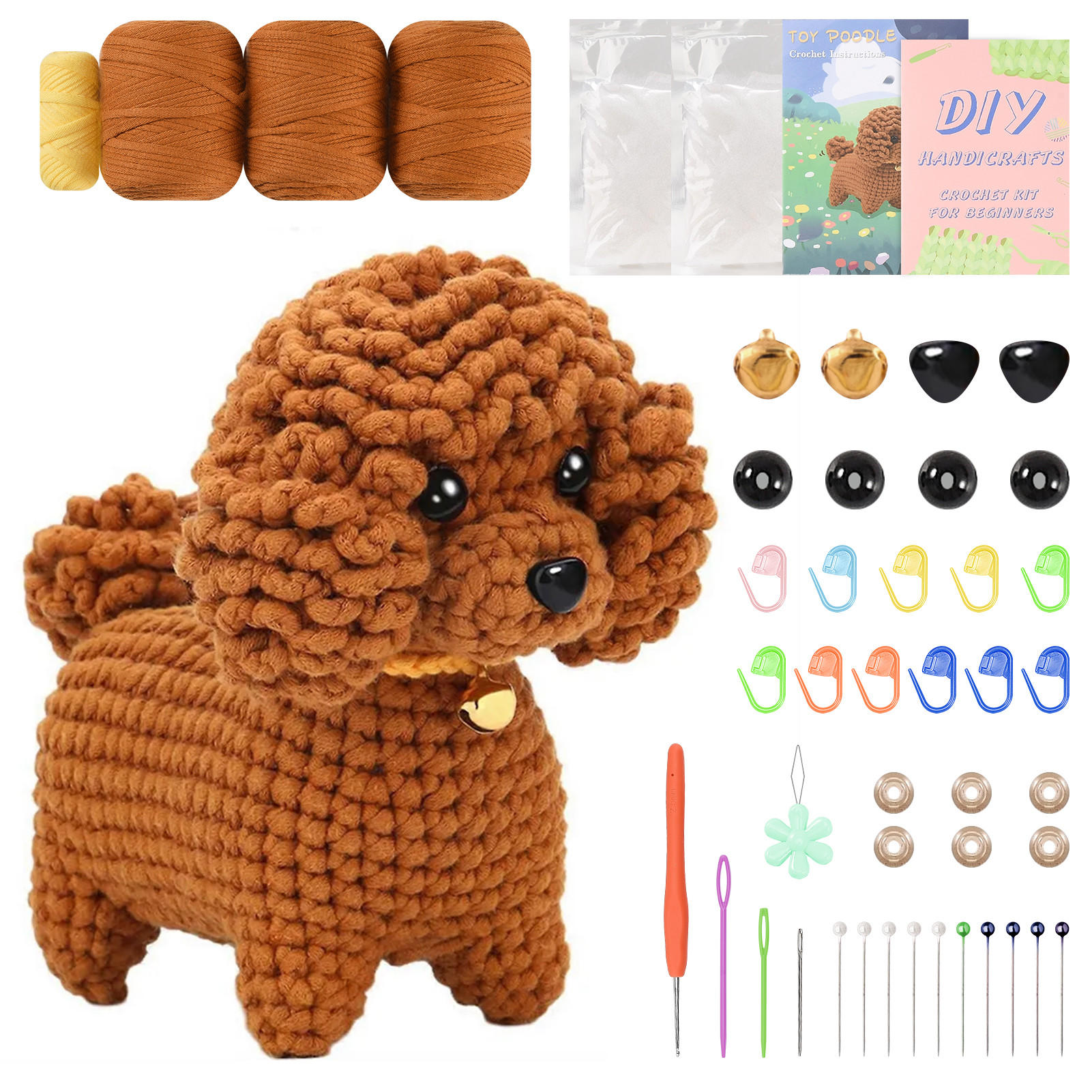 KOMPLET za heklanje Teddy Poodle pasa, DIY Amigurumi za početnike s uputama - smeđa, tekstil (1/1/1cm)