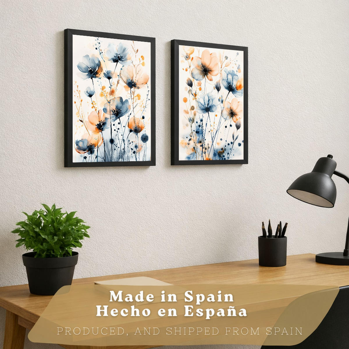 PLAKAT Sada 2 Modro-oranžový květ A4 bez rámu - čirá, papír (29.7/1/21cm) - Nacnic