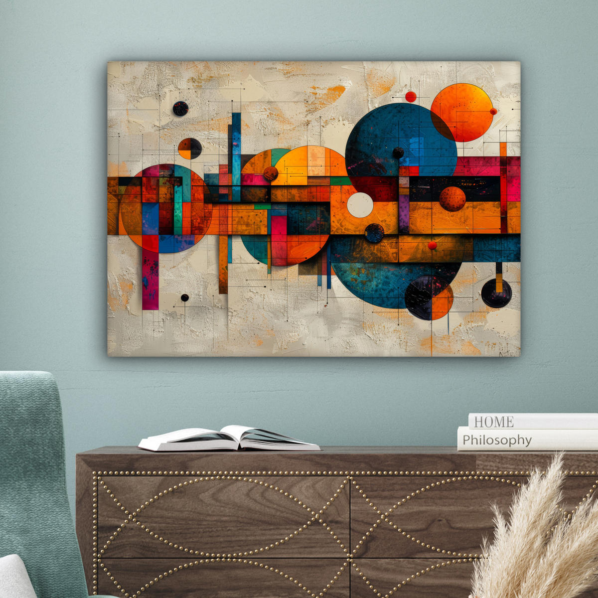 LEINWANDBILD - Vintage - Moderne Kunst - Orange - Geometrische Formen - 80x60 - Malerei - Multicolor, Textil (80/60cm) - MuchoWow