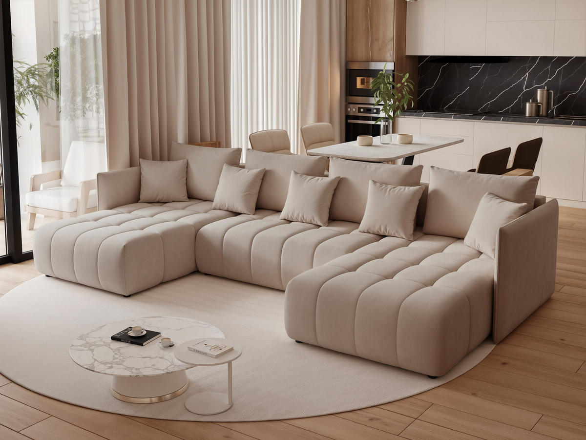 WOHNLANDSCHAFT OLIMPIA mit Schlaffunktion und Bettkasten Grau-Beige - Greige, Holzwerkstoff/Kunststoff (300/85/90cm) - Idohome