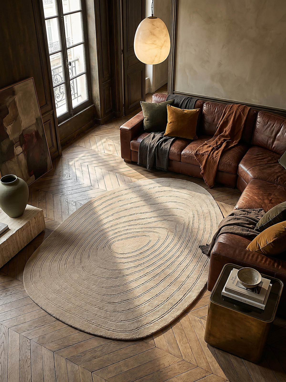 TEPPICH aus Wolle Handgefertigt, Organische Ei-Form, Hoher und niedriger Flor Beige Oval 160x230 - Beige, Textil (160/230cm) - KADIMA DESIGN