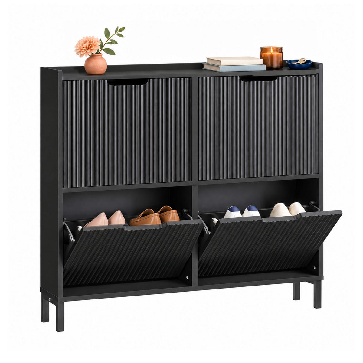 COMODĂ de intrare cu 4 sertare pentru pantofi, design modern - negru, compozit lemnos/metal (100/91/19cm) - SoBuy
