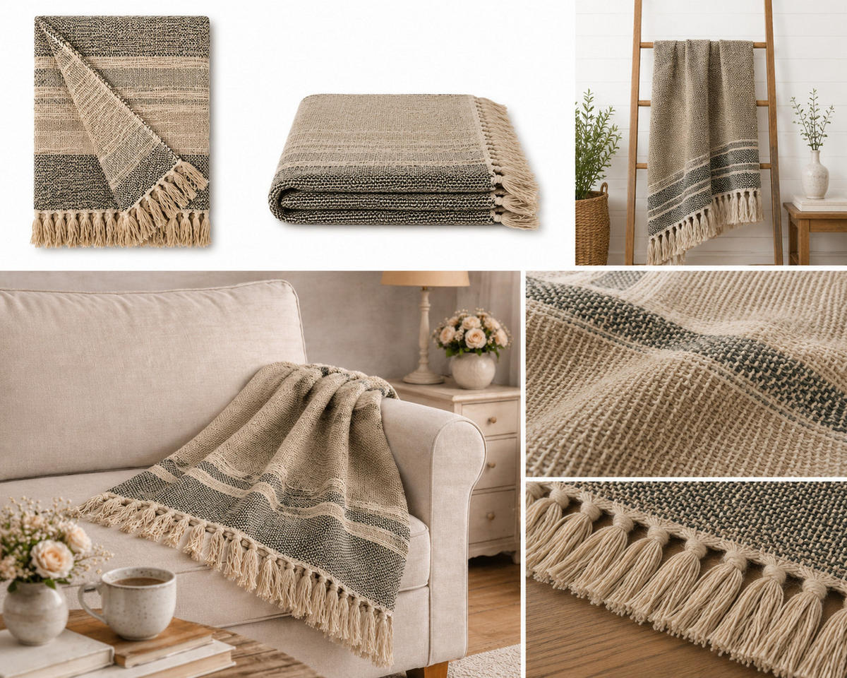 WOHNDECKE Baumwolle 130x170 cm Mit Fransen – Green/Sage - Multicolor, Naturmaterialien (130/170cm) - AU Maison