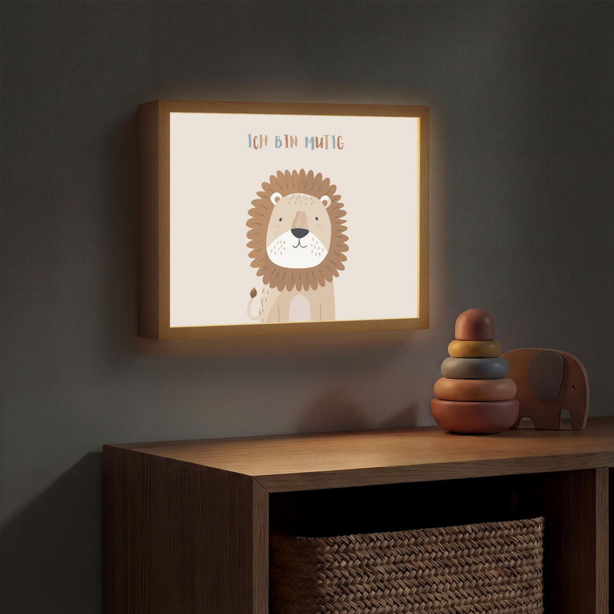 NACHTTISCHLAMPE MIT AKKU Löwe - Beige - Tier - Mutig - Zitat 40x30 cm - Beige, Holzwerkstoff (8/40/30cm) - OnlyWow