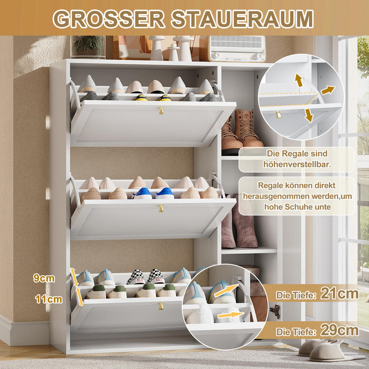 SCHUHSCHRANK WEISS 3 Klappen verstellbare Trennwände - Weiß, Holzwerkstoff (25/114/90cm) - Bomclap