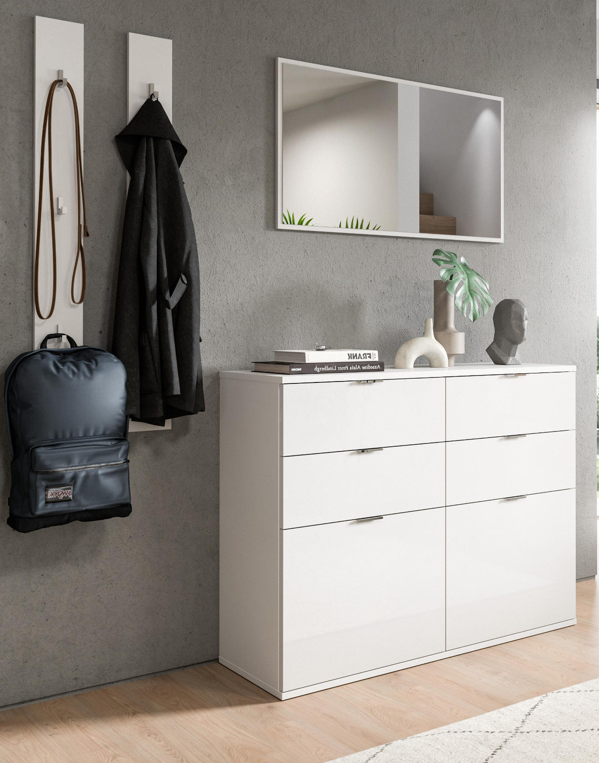 GARDEROBE Set 4-teilig weiß Hochglanz 166 cm, Komplettset mit 6 Kleiderhaken - Chromfarben/Weiß Hochglanz, Glas/Holzwerkstoff (166/193/37cm) - Inn.Furn