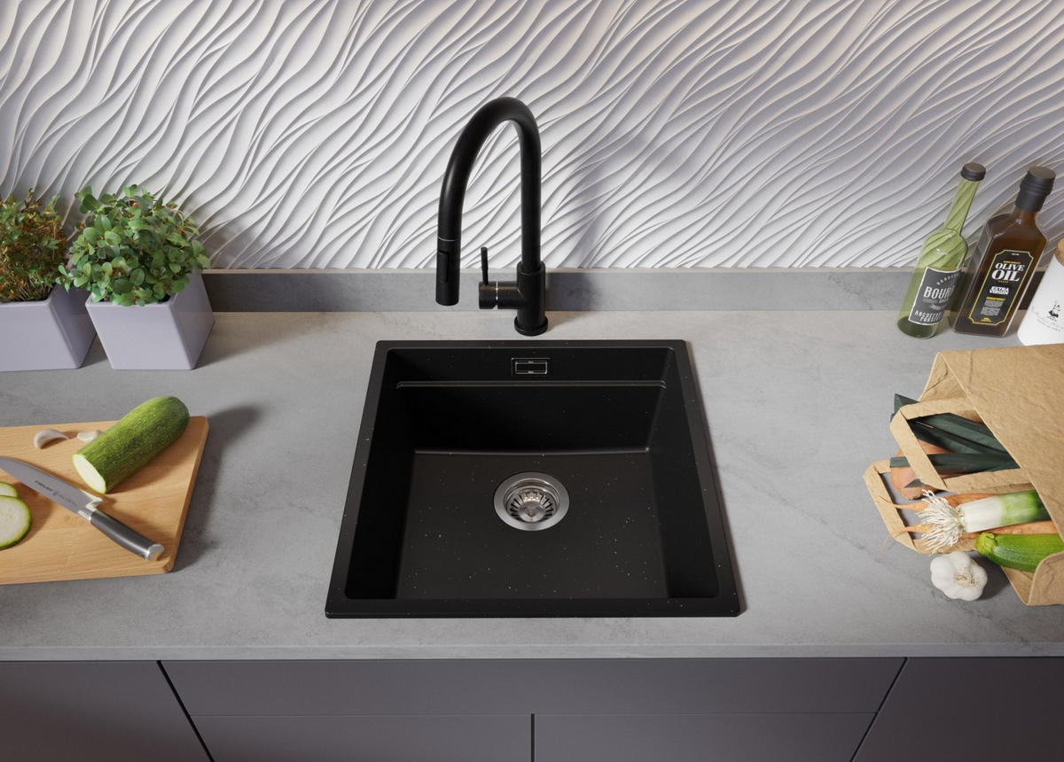 SPÜLBECKEN Praga Slim, 2-er set Schwarz Metallic 46/47 cm 1 Becken + Ablauf-Set + Aufrollbare Abtropffläche ab 50er Unterschrank - Chromfarben/Schwarz Hochglanz, Kunststoff (46/20/47cm) - Primagran