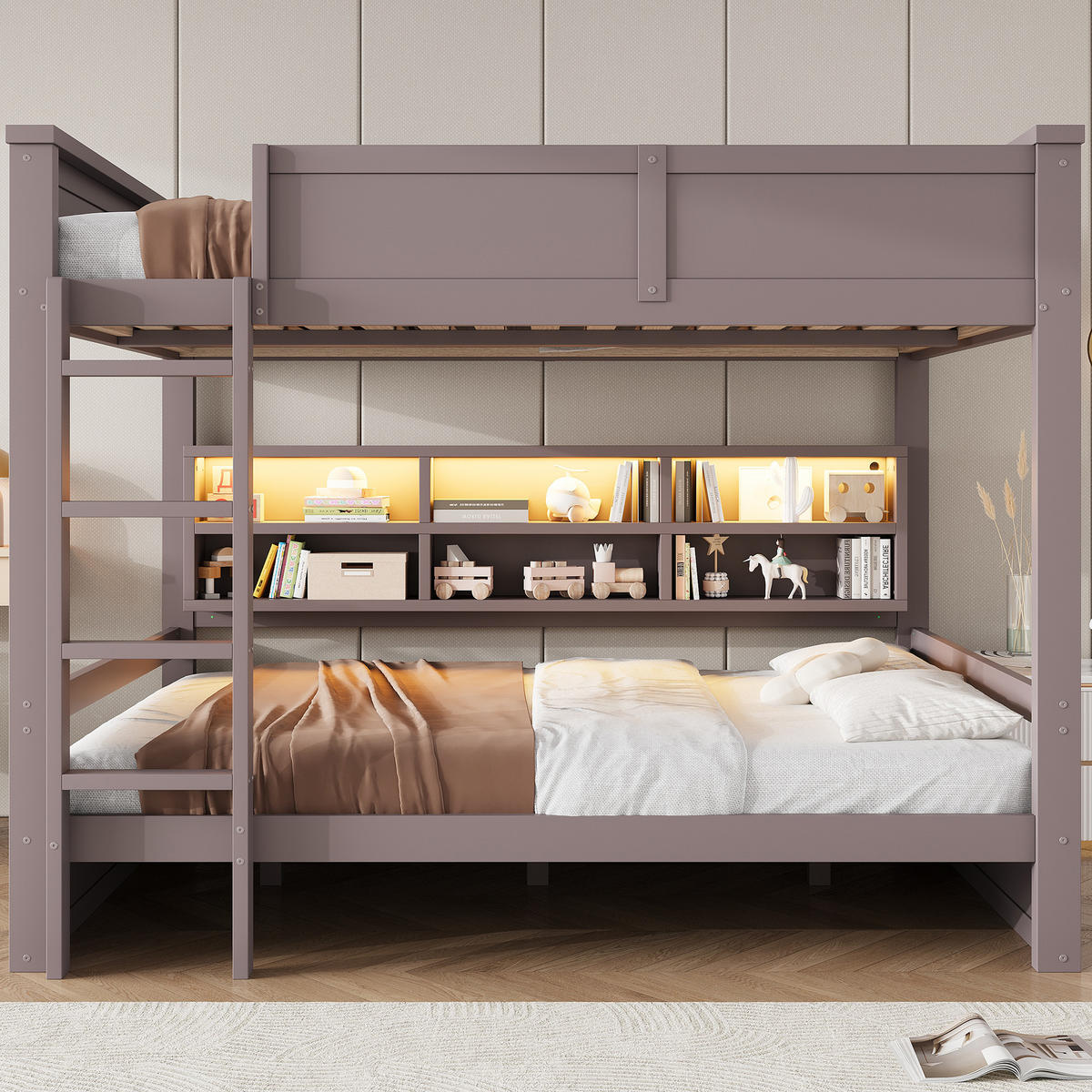 ETAGENBETT 160/200 cm in Braun Kinderbett mit 6 Schränken und LED - Braun, Holzwerkstoff (160/200cm) - STILVORA