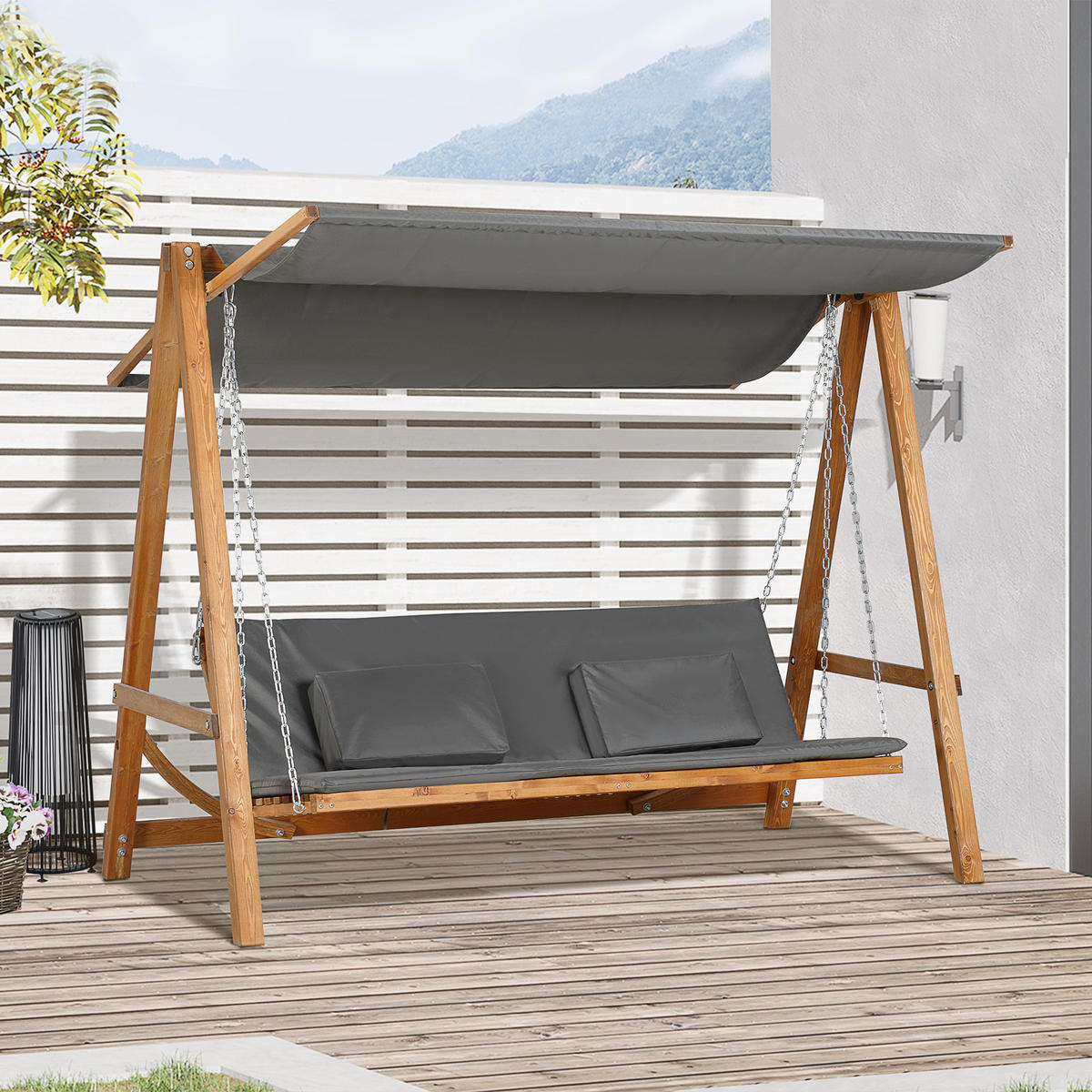 HOLLYWOODSKÁ HOUPAČKA, se stříškou, polyester, šedá, 225,5 x 113 x 180 cm - šedá, dřevo (113/180/225.5cm) - Outsunny