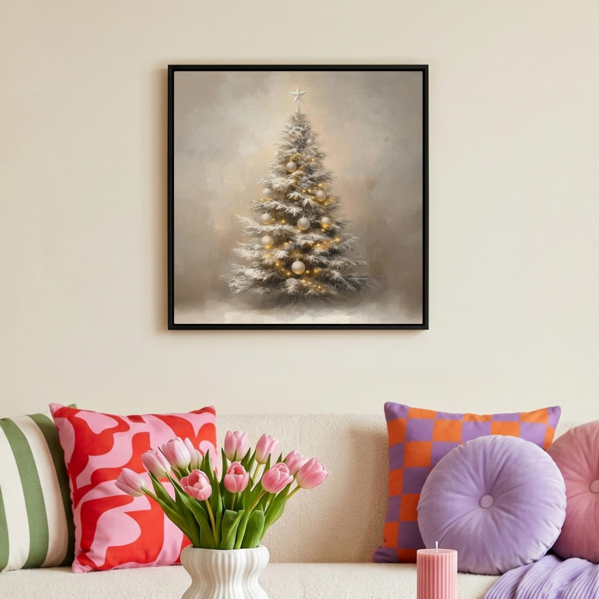 LEINWAND Bilder mit Rahmen - Weihnachten - Weihnachtsbaum - Schnee - Kunst - 50x50 - Champagner, Textil (50/50cm) - MuchoWow
