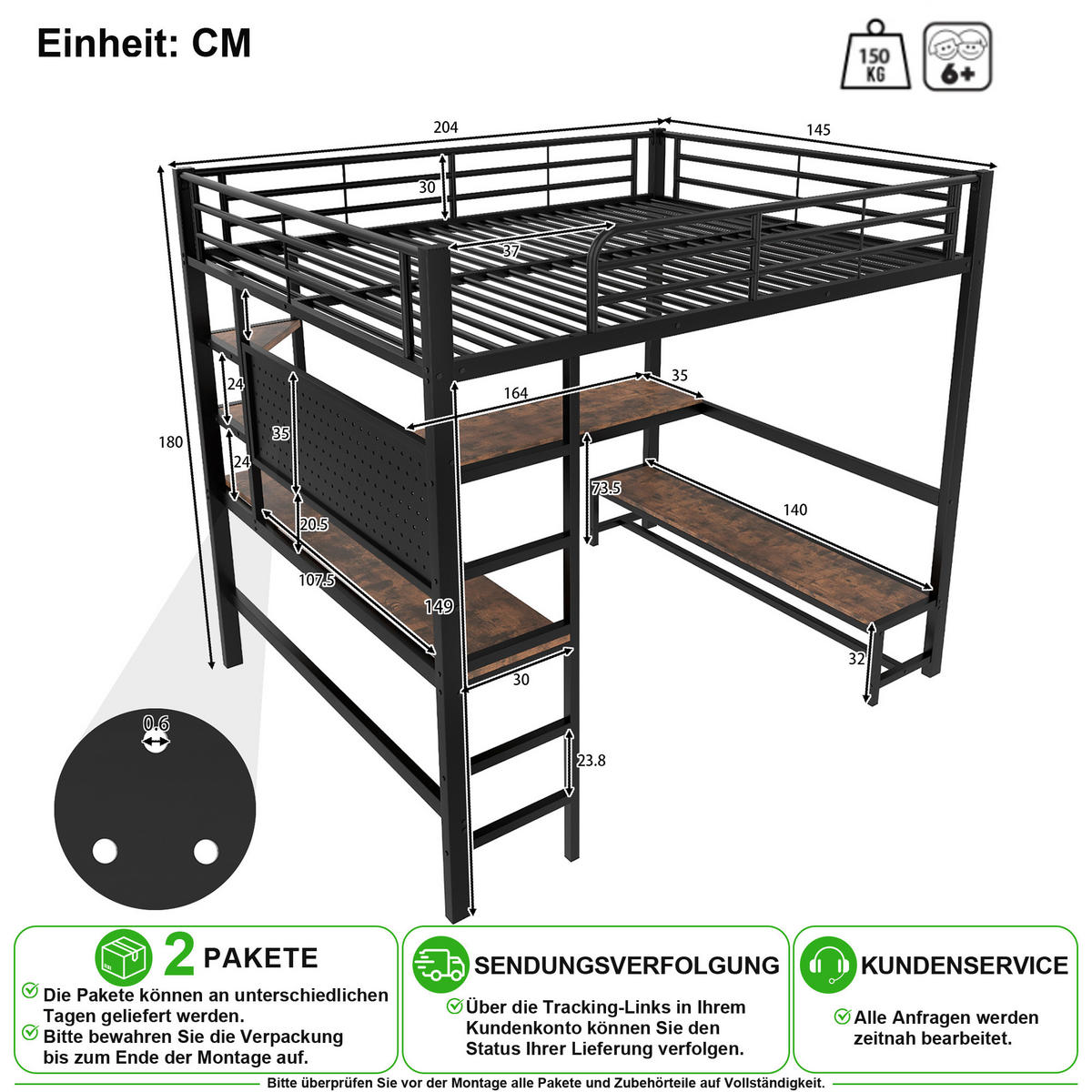 VYVÝŠENÁ POSTEL 140/200 cm v černé barvě s psacím stolem, LED a USB-C - černá, kov/kompozitní dřevo (140/200cm) - CHICFURN