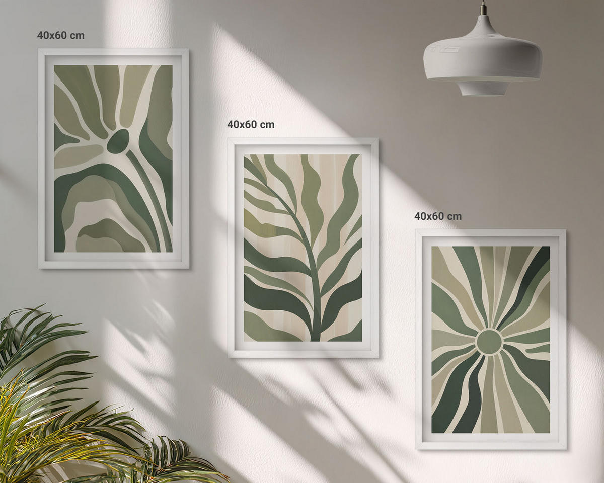 WANDBILDER 3er-Set - 40x60 cm Weißer Rahmen - Grüne und beige Pflanzenmuster - Weiß, Kunststoff (40/60cm) - ArtPrintCave