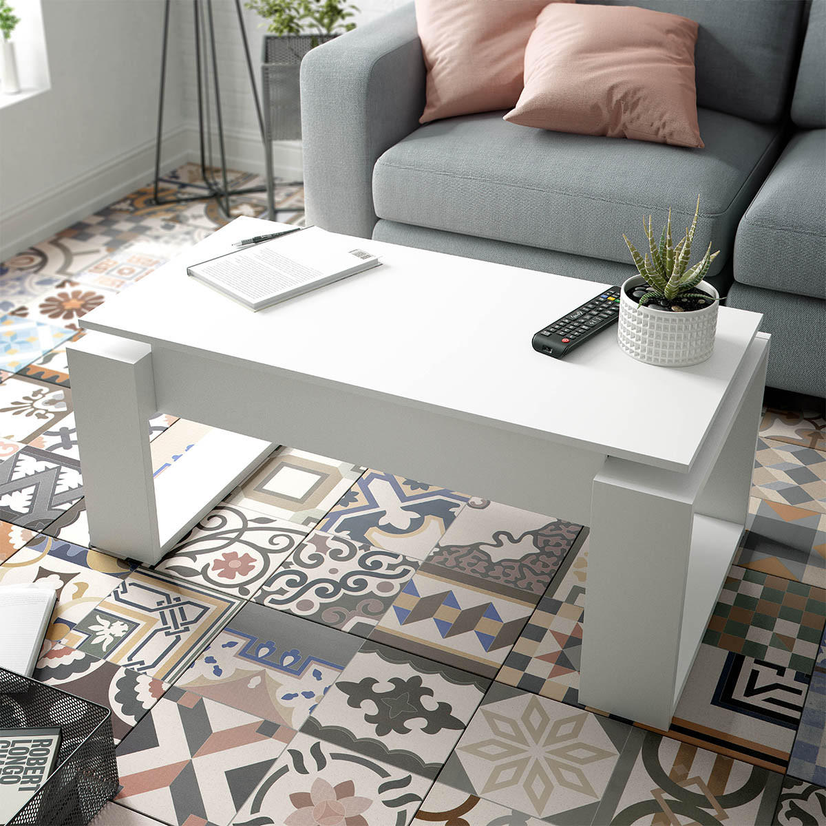 DESIGN Couchtisch mit hochklappbarer Tischplatte L102 cm - Ciara - Weiß, Holzwerkstoff (102/50/43cm) - Calicosy