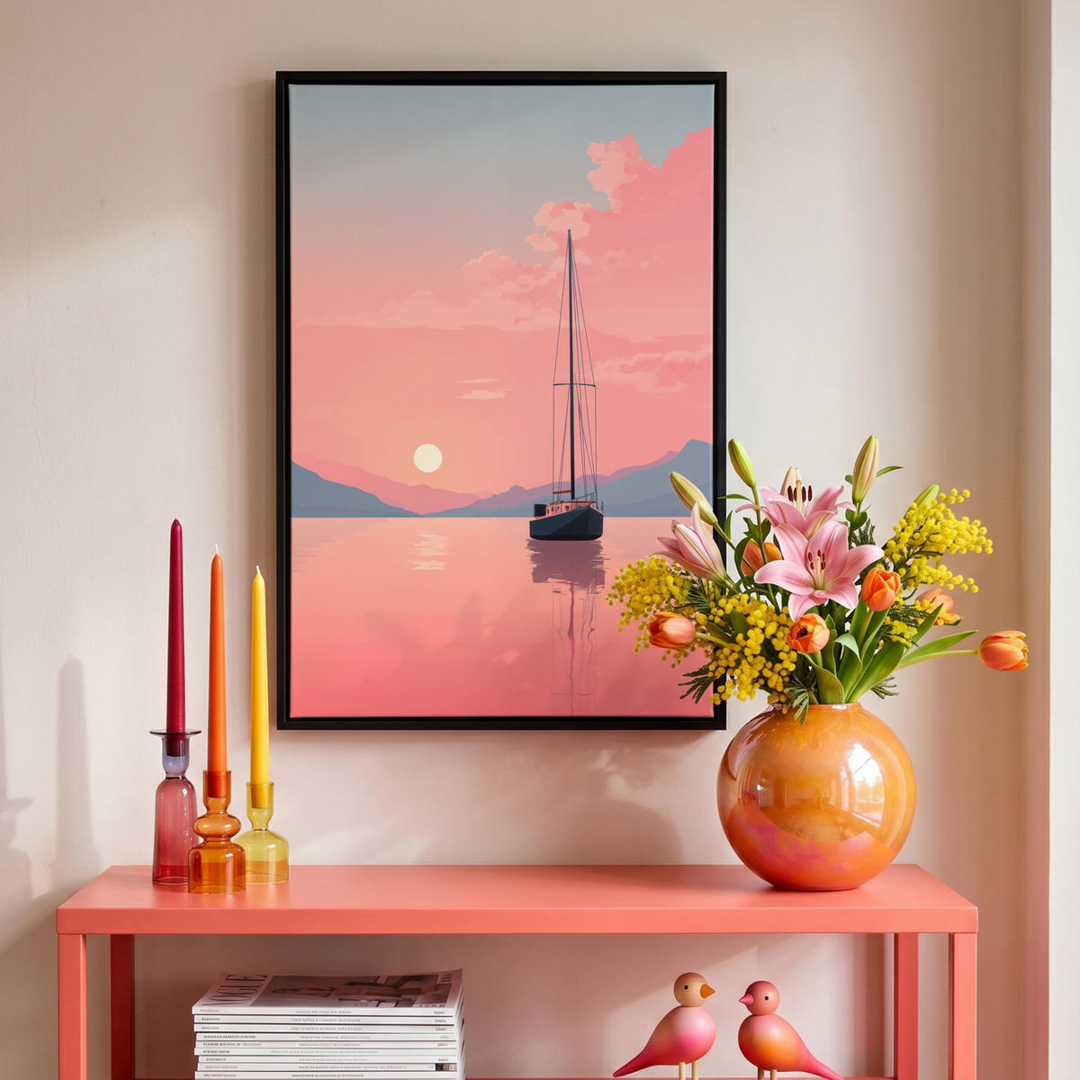 LEINWAND Bilder mit Rahmen - Segelboot - Rosa Meer - Sonnenuntergang - Berge - 40x60 - Rosa, Textil (40/60cm) - OnlyWow