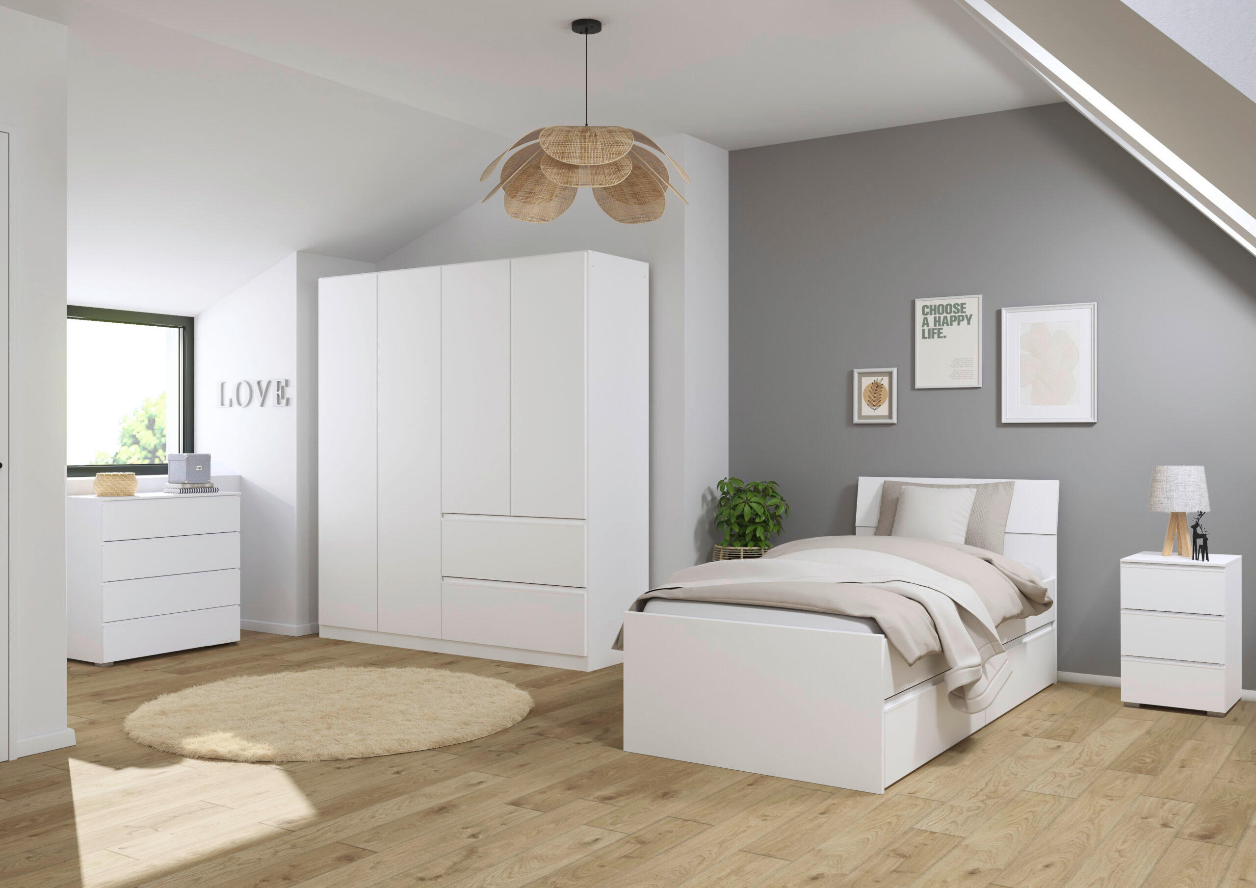 JUGENDZIMMER Joel in Weiß 4 teilig – mit 4türigem Kleiderschrank ohne Spiegel, 90er Jugendbett, Nachttisch und Kommode - Weiß, Holzwerkstoff (80/200/120cm)