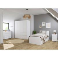 JUGENDZIMMER Joel in Weiß 4 teilig – mit 4türigem Kleiderschrank ohne Spiegel, 90er Jugendbett, Nachttisch und Kommode - Weiß, Holzwerkstoff (80/200/120cm)