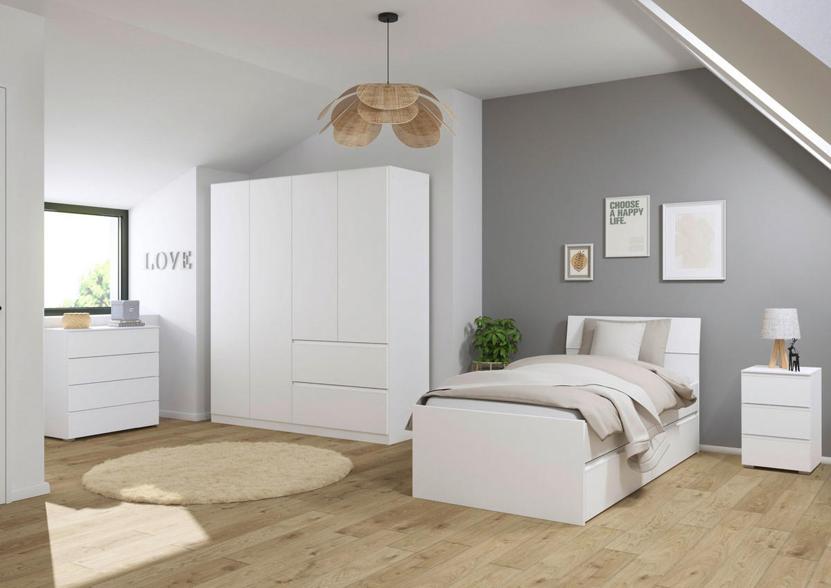 JUGENDZIMMER Joel in Weiß 4 teilig – mit 4türigem Kleiderschrank ohne Spiegel, 90er Jugendbett, Nachttisch und Kommode - Weiß, Holzwerkstoff (80/200/120cm)