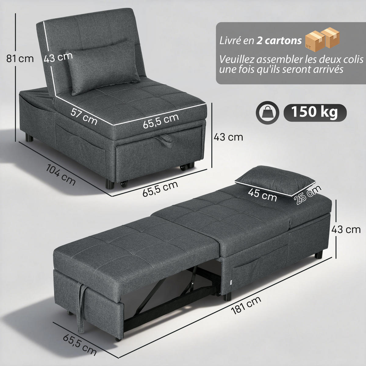 SCHLAFSESSEL 3-in-1 DE-14665 verstellbare Rückenlehne & Rollen Grau - Grau, Textil (104/81/65.5cm) - ComfortXL