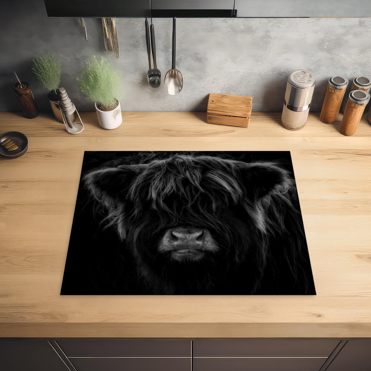 HERDABDECKPLATTE Schottischer Highlander - Kuh - Schwarz - Weiß - Tiere Herdabdeckung Induktionsfeld 65x52 cm - Schwarz, Kunststoff (65/52/0.2cm) - MuchoWow