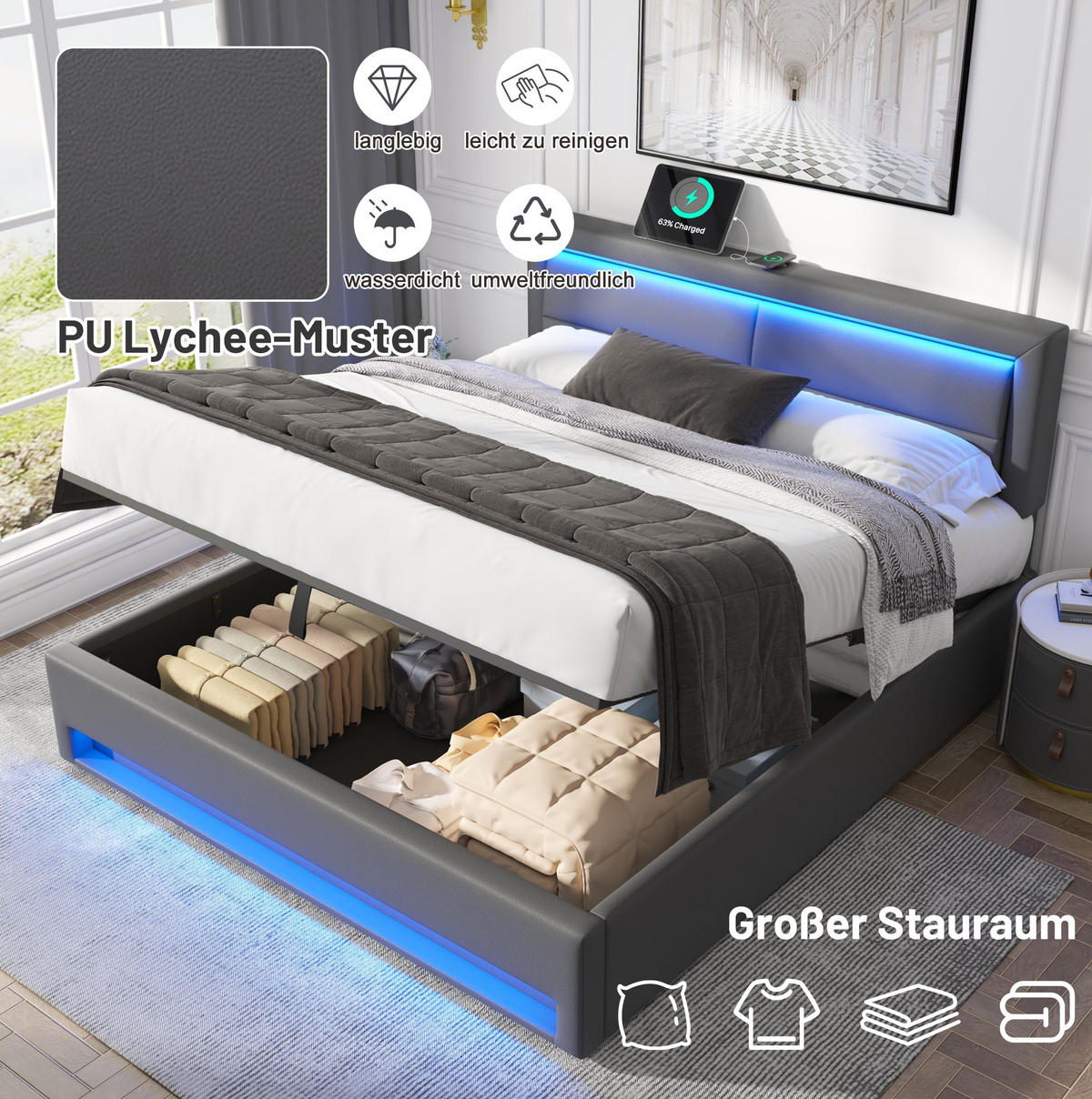 POLSTERBETT 140/200 cm Grau aus PU mit LED, USB und Stauraum - Grau, Kunststoff (140/200cm) - OKMYHOME