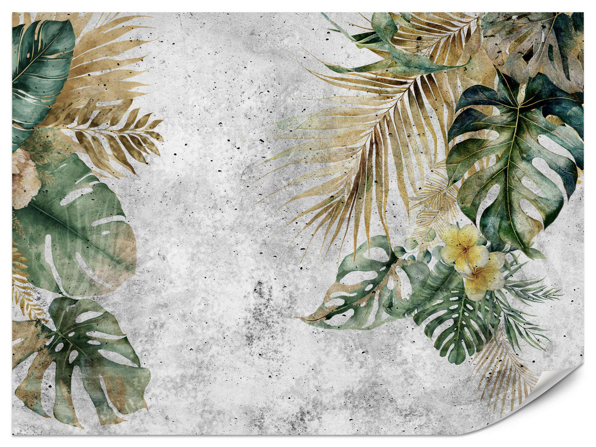 FOTOTAPETE für Wohnzimmer Tropische Blätter Blumen auf Grauer Beton 150x105 - Braun/Grau, Papier (150/105cm) - Muralo