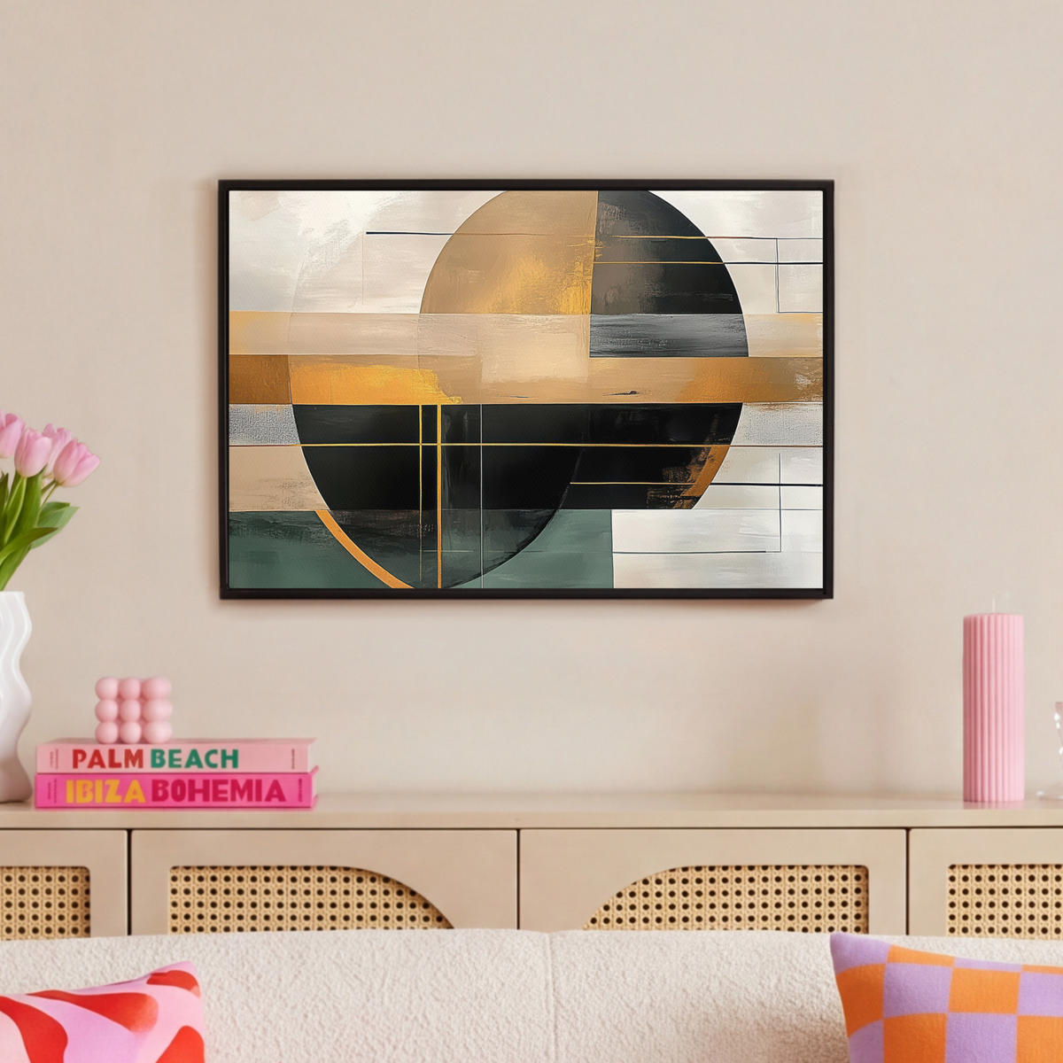 LEINWAND Bilder mit Rahmen - Abstrakt - Gold - Bronze - Grün - Formen - Modern - 60x40 - Multicolor, Textil (60/40cm) - MuchoWow