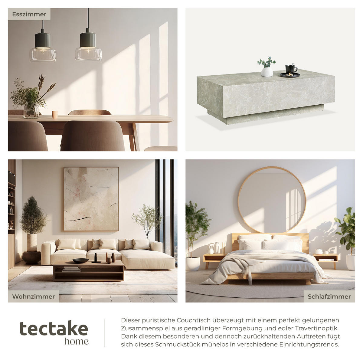 COUCHTISCH Lasley,inkl. Bodenschoner, Belastbarkeit 45 kg,Travertin Optik - Beige, Holz (60/120/35cm) - tectake