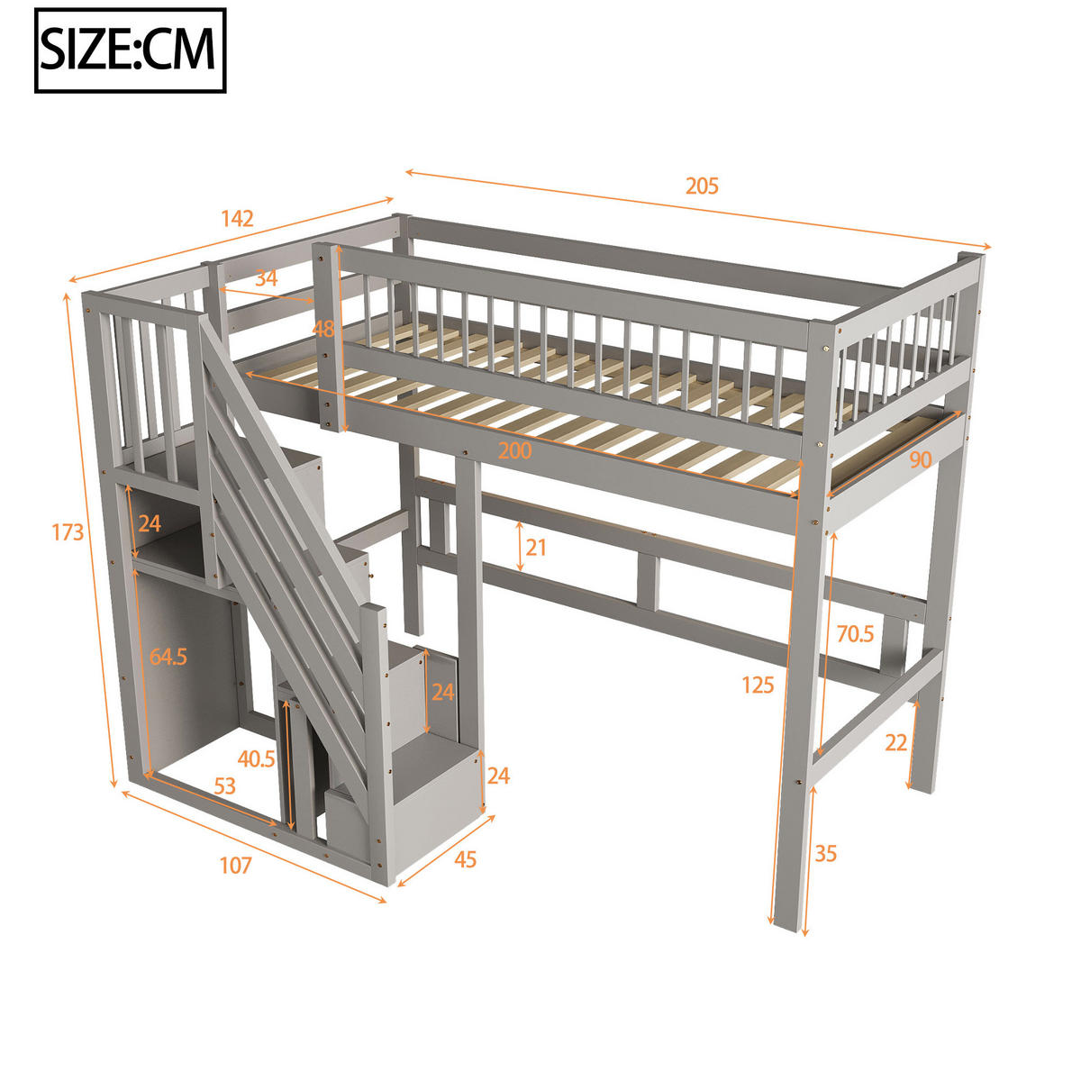 HOCHBETT 90/200 cm mit Stauraumtreppe, grau aus Holz - Grau, Holz (90/200cm) - MIVRAY