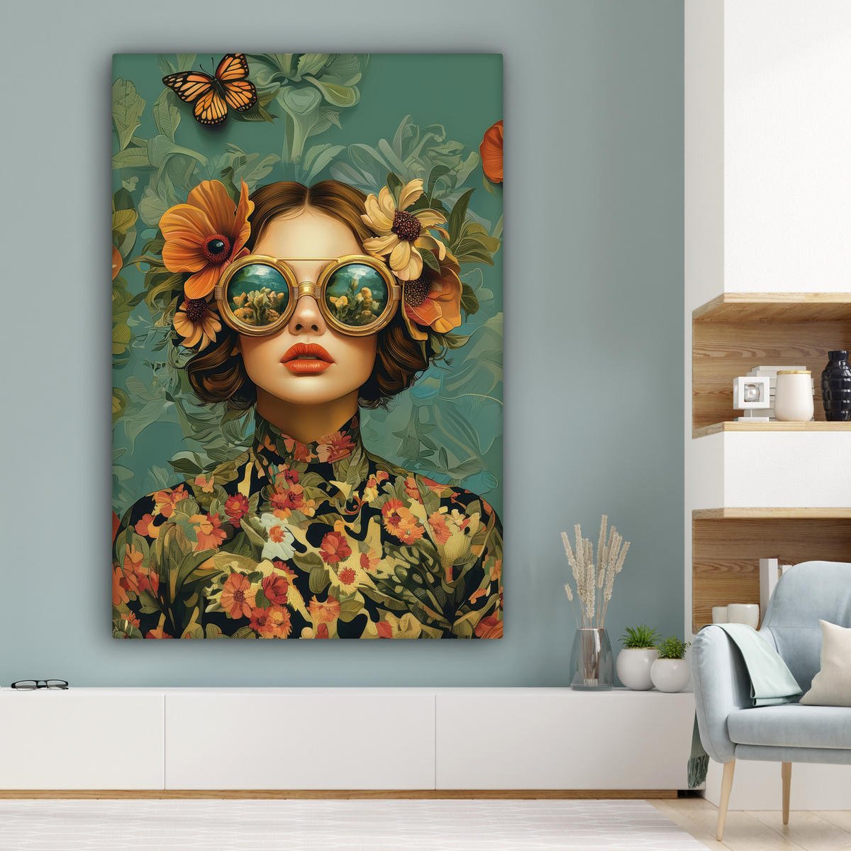 LEINWANDBILD Frau - Blumen - Schmetterlinge - Natur - Vintage Deko Groß 90x140 cm - Salbeigrün, Textil (90/140cm) - MuchoWow