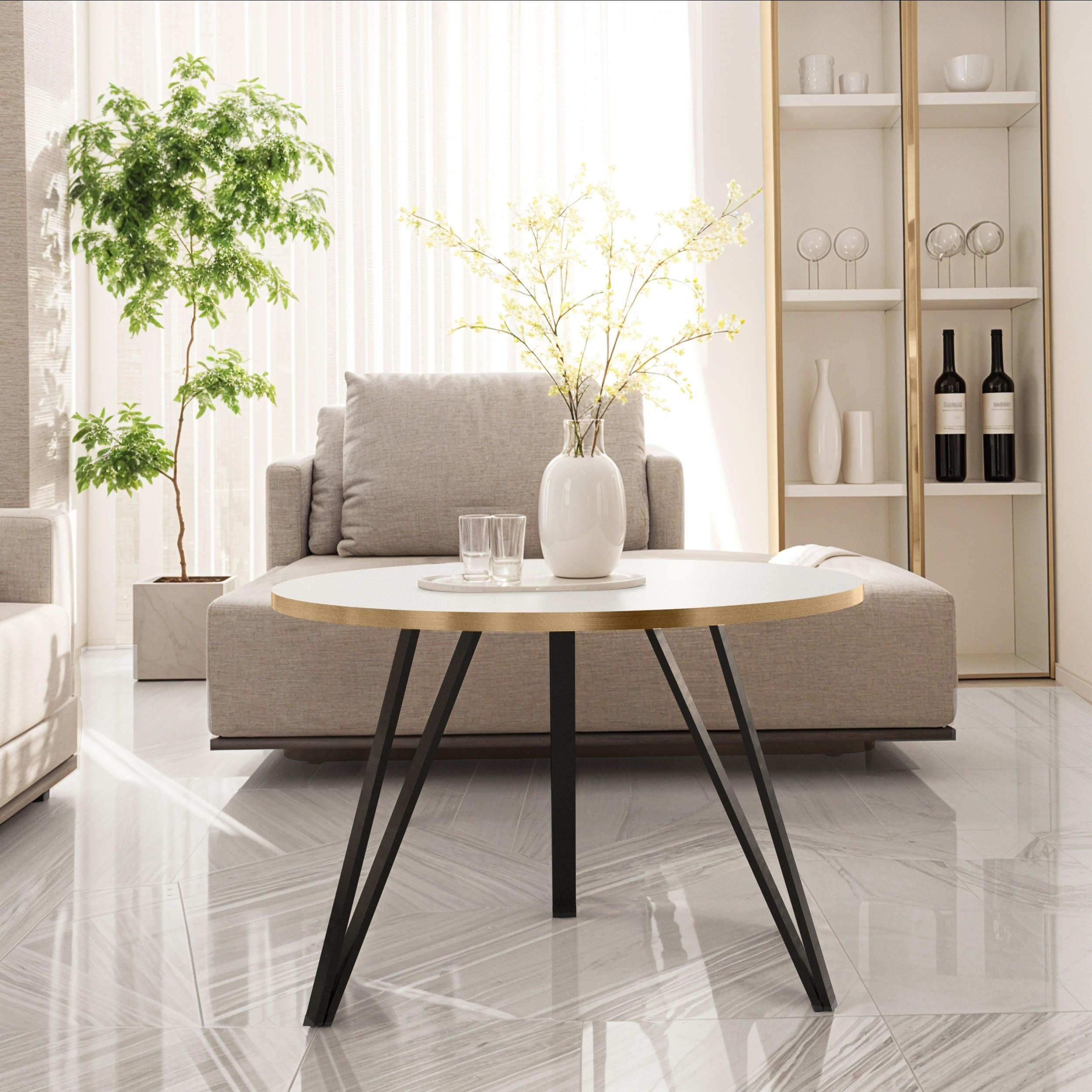 COUCHTISCH Linea Weiß mit Goldrand, Schwarze Beine - Goldfarben/Schwarz, Holzwerkstoff/Metall (67/67/45cm) - Bettso