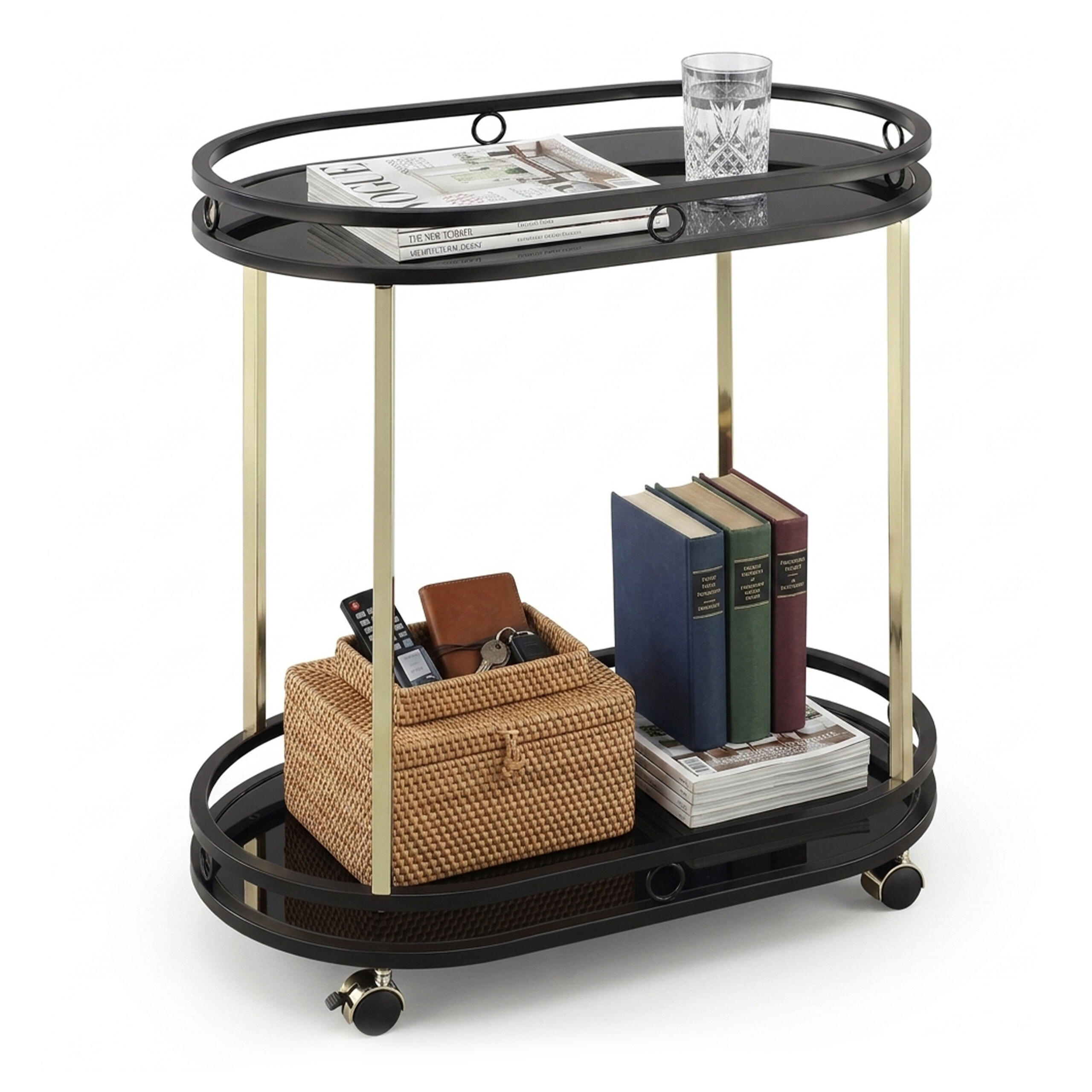 SERVIERWAGEN Schwarz Gold 2 Glasablagen Stahl - Schwarz, Glas/Kunststoff (72/77.5/42cm) - Relaxdays